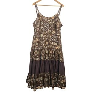 Ashley Stewart Brown Paisley Cotton Tiered Maxi Dress Plus Size 18 Beaded Trim